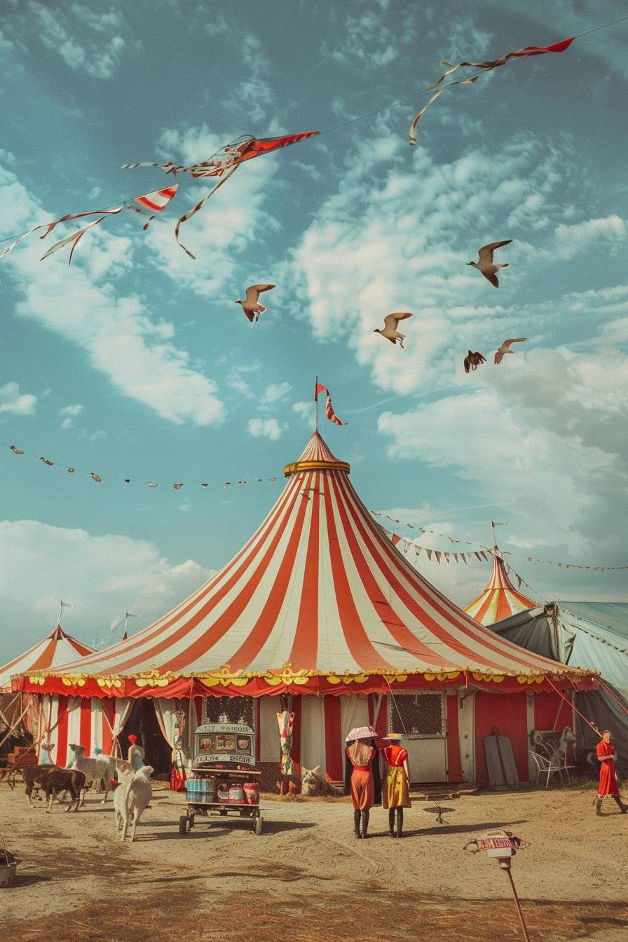 In style of Scarlett Hooft Graafland, Vintage circus tent with acrobats and animals