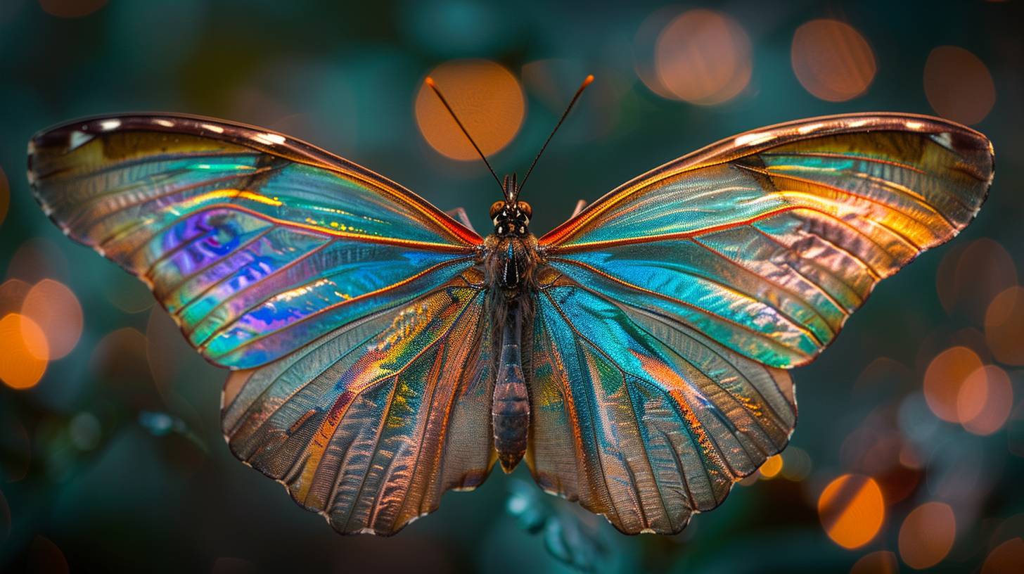 Under the magnification of a macro lens, a butterfly reveals an intricate tapestry of details, translucent wings, a kaleidoscope of colors shimmering with iridescence under varying light angles.