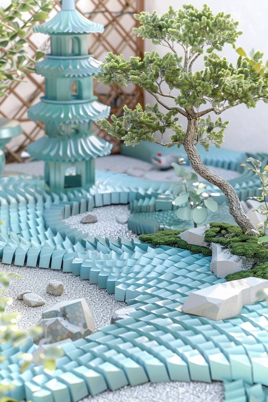 A peaceful Zen garden with raked gravel patterns, bonsai trees, and a traditional tea house, gentle sunlight creating a tranquil scene