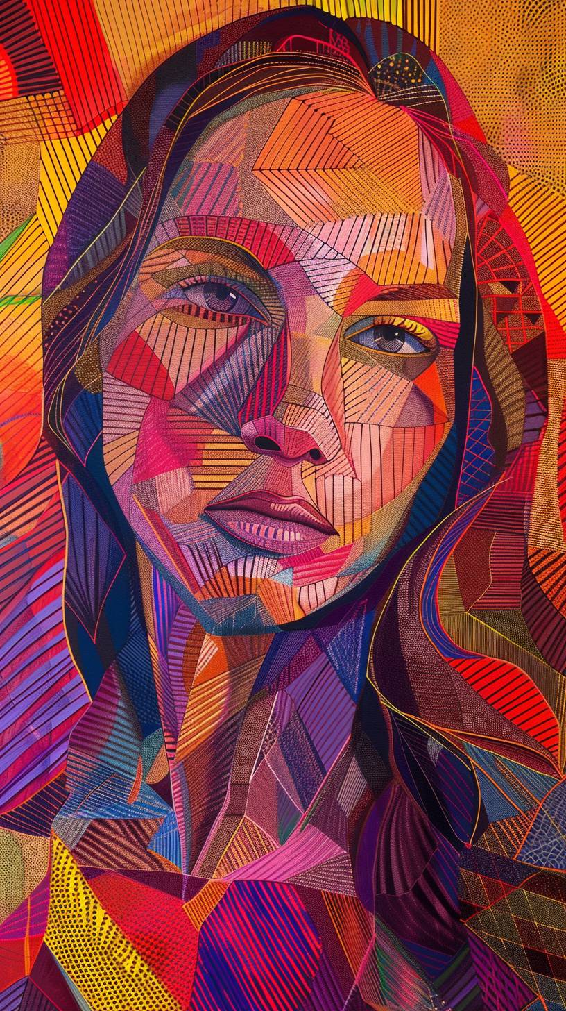 A young woman's portrait is crafted using intricate line work, geometric patterns, and vibrant colors, resulting in a visually striking and often abstract composition.