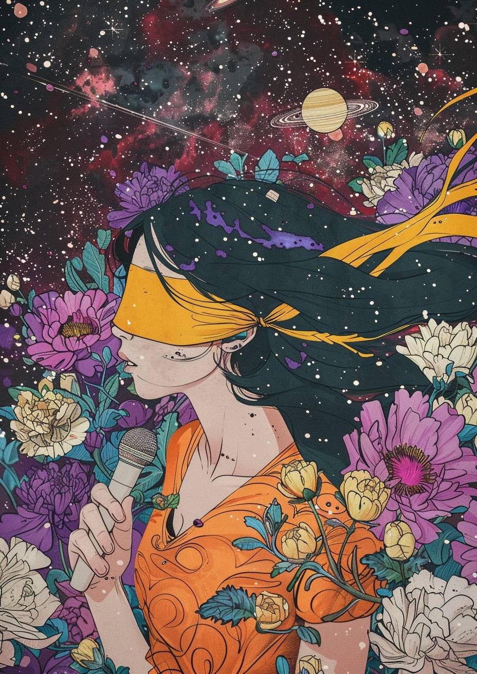 宇宙を舞台に、黄色い目隠しをした女性が手にマイクを持ち、大きな花々の中を歩いています。コミックブックのスタイルで描かれており、本や惑星が周囲に配置されています。水彩画で、紫色の色合いで描かれており、HD品質です。