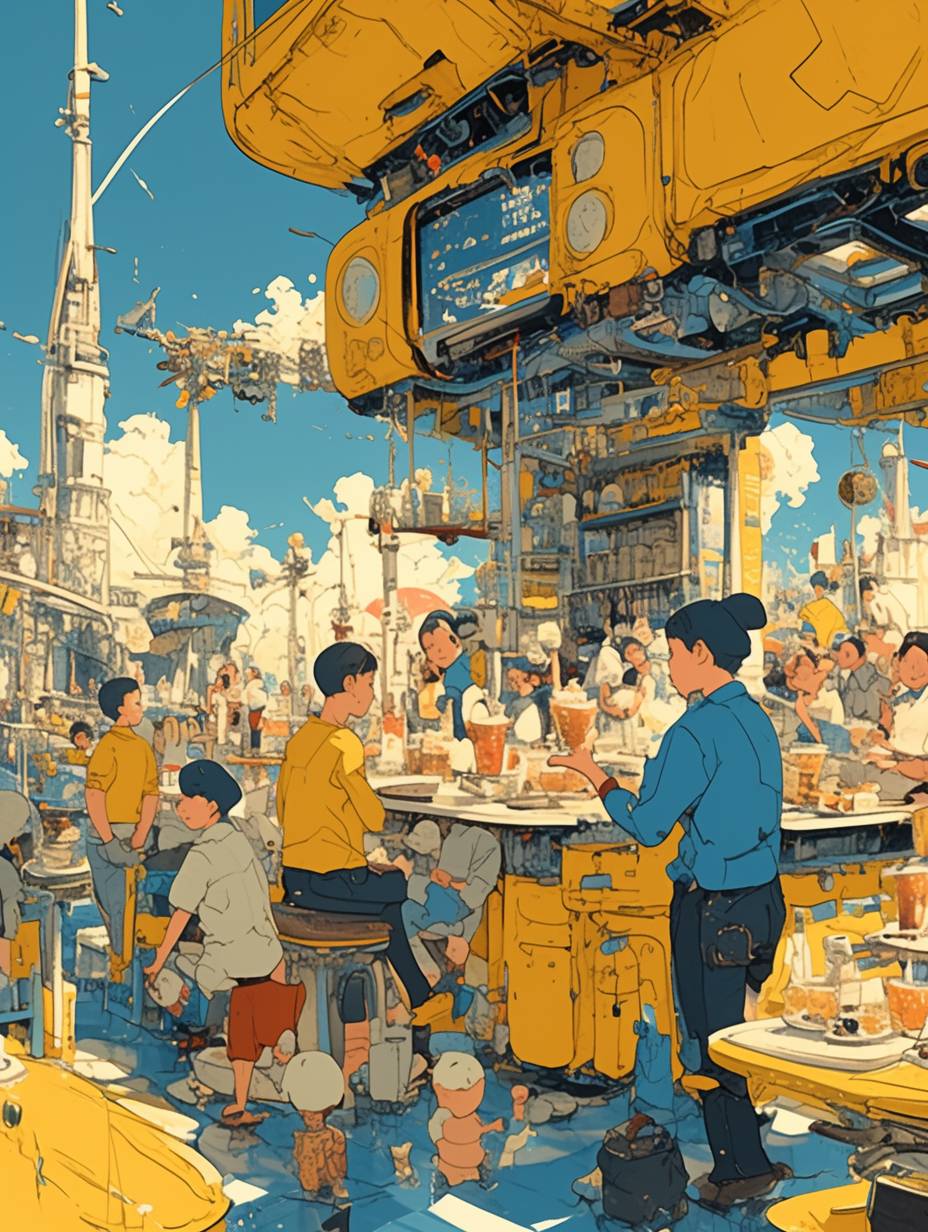 An interior scene inside one bar on board in a giant ship, yellow and blue color scheme, the Asian lady clerk is serving drinks to the other Asian customers, children playing around, rollercoaster and tower visible outside from the windows, bold lines and vintage colors, in the style of Japanese anime and picture book illustration