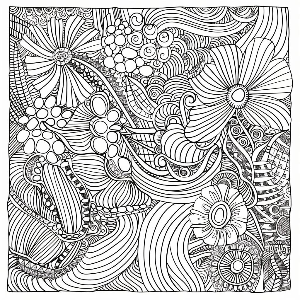 A cartoonish coloring page for adults, whimsical design, crisp line art, detailed without background, black and white, ink outlines, no shading