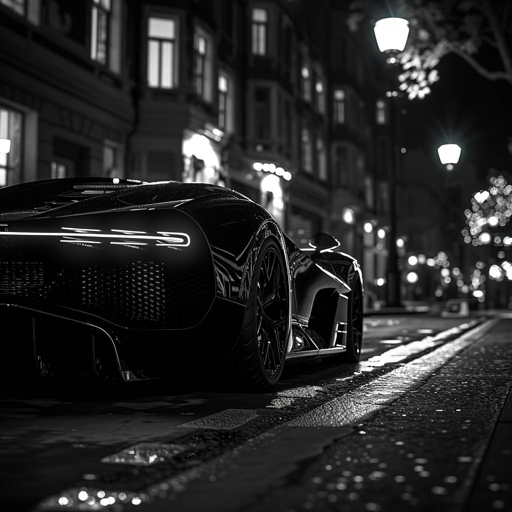 A monochromatic black and white portrait of a supercar monster in an urban environment, captured with low angle photography. The scene is lit by moonlight, casting dramatic shadows and highlighting the velvet texture of the clothing.