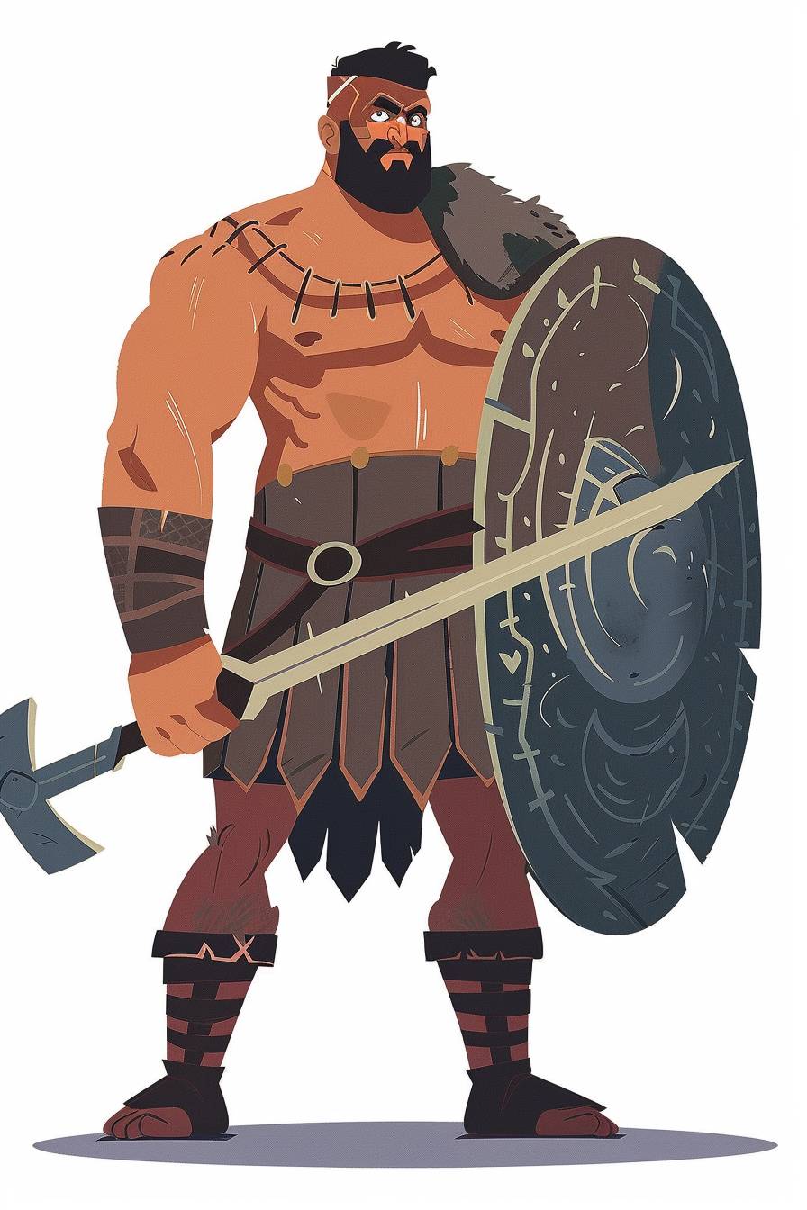 In the style of Charles Addams, warrior character, full body, flat color illustration