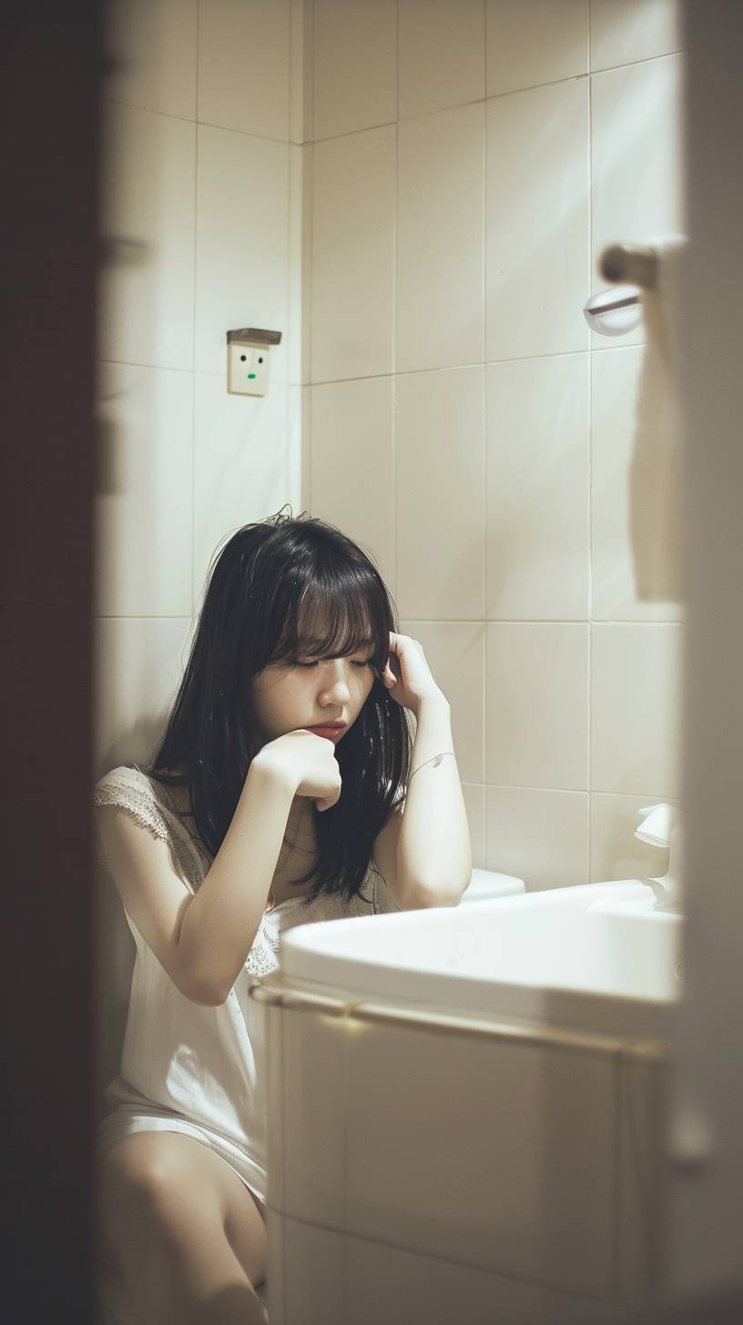 A Chinese girl portrait sitting in the bathroom. Shot by Canon 5D