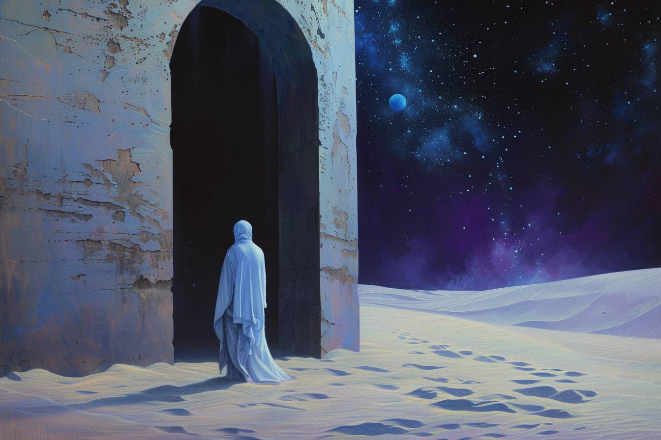 A painting depicting a lone figure wearing a white and light blue robe, standing on sand in a smooth stone structure with a pillar and a dome. The painting features an iridescent blue and purple glow with shadows, a black sky dotted with stars. It conveys a serene and infinite atmosphere, with a retro aesthetic and conceptual setup.