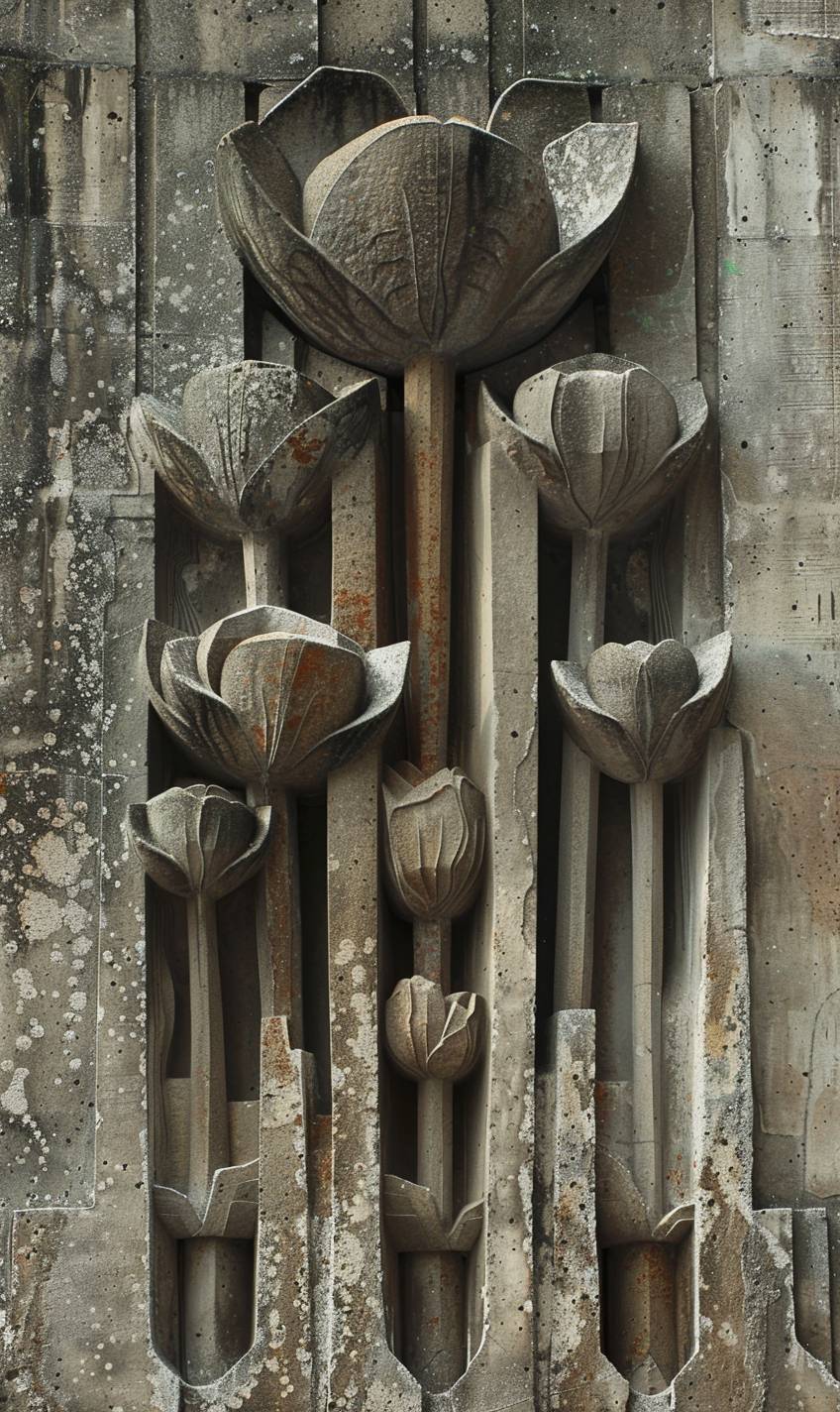 Colored bas-relief depicting alien flower growing though concrete brutalist buildings