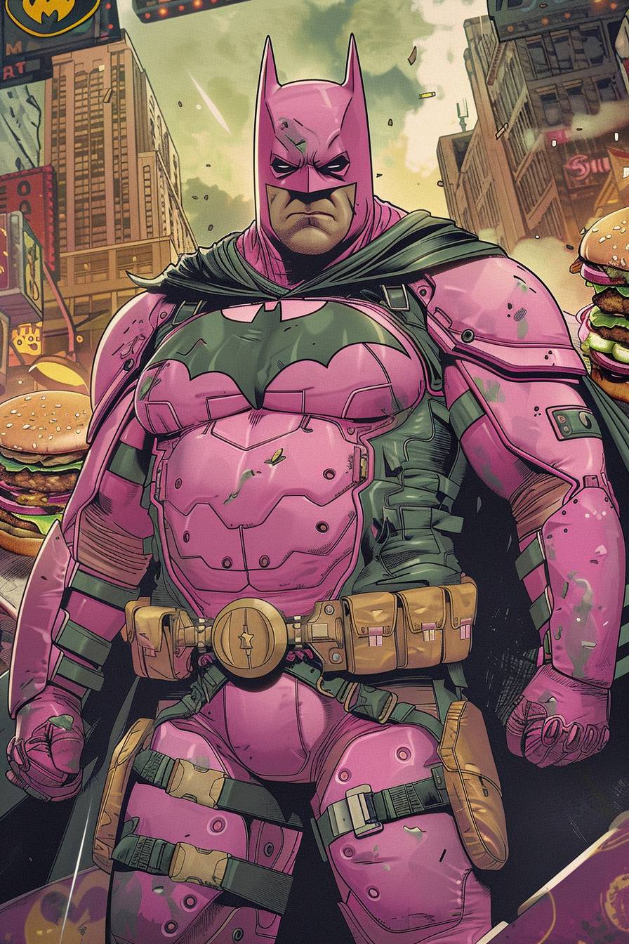 Fat Batman in a pink batman suit, complicated poster with lots of burgers in background, highly detailed