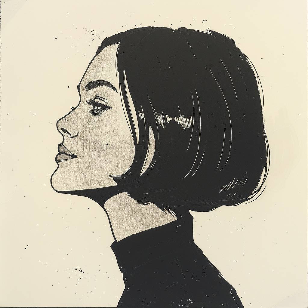 Comic portrait drawing of a [SUBJECT], stoic, bob haircut, side view, monochromatic [COLOR] and [COLOR], minimalistic simple shapes liquid ink art