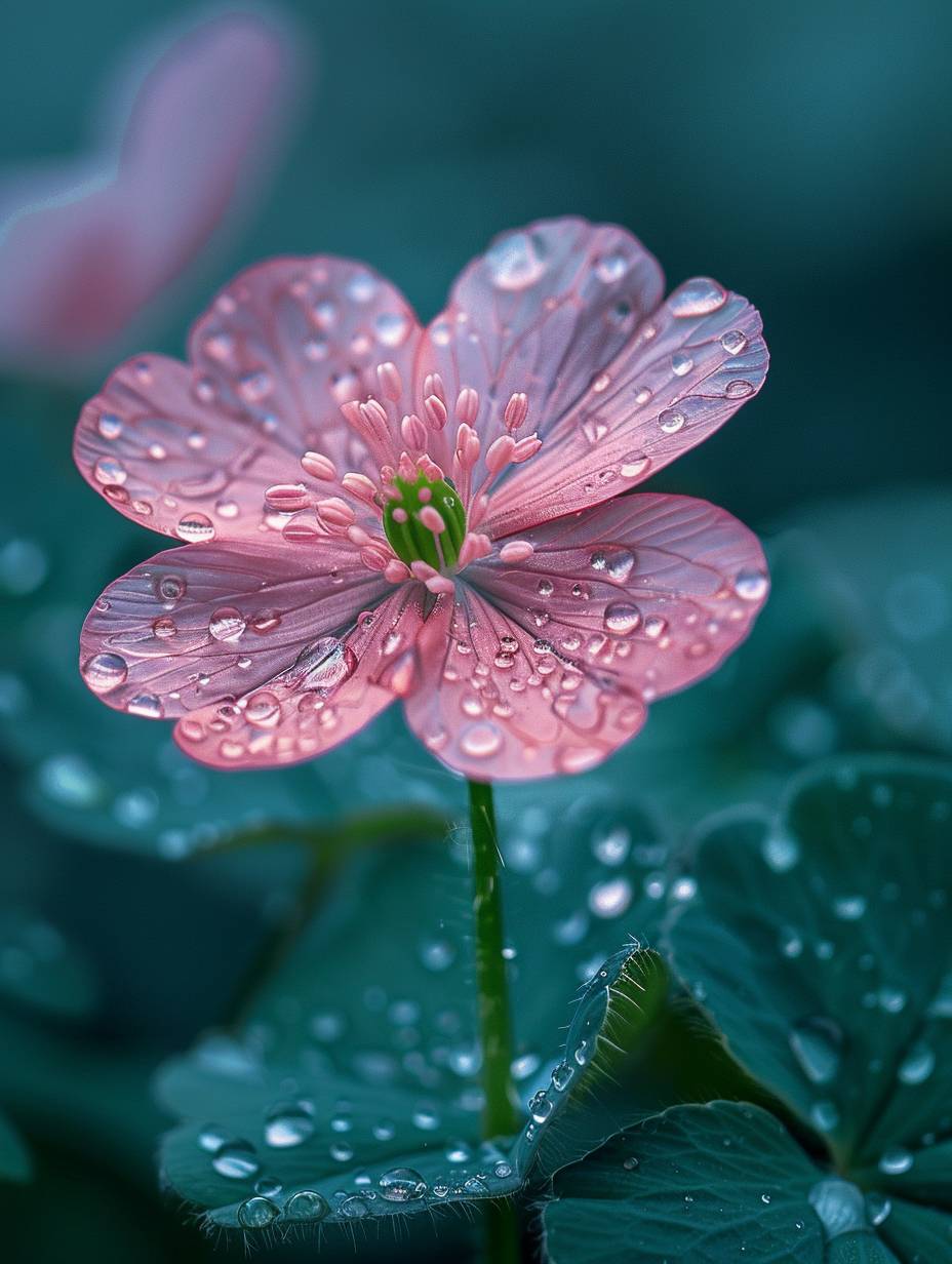 ピンク色の四つ葉クローバーの花があり、その花弁は透明で、海のように深く、露のようにクリスタルで、愛情の忠誠心と純粋さを感じることができます。