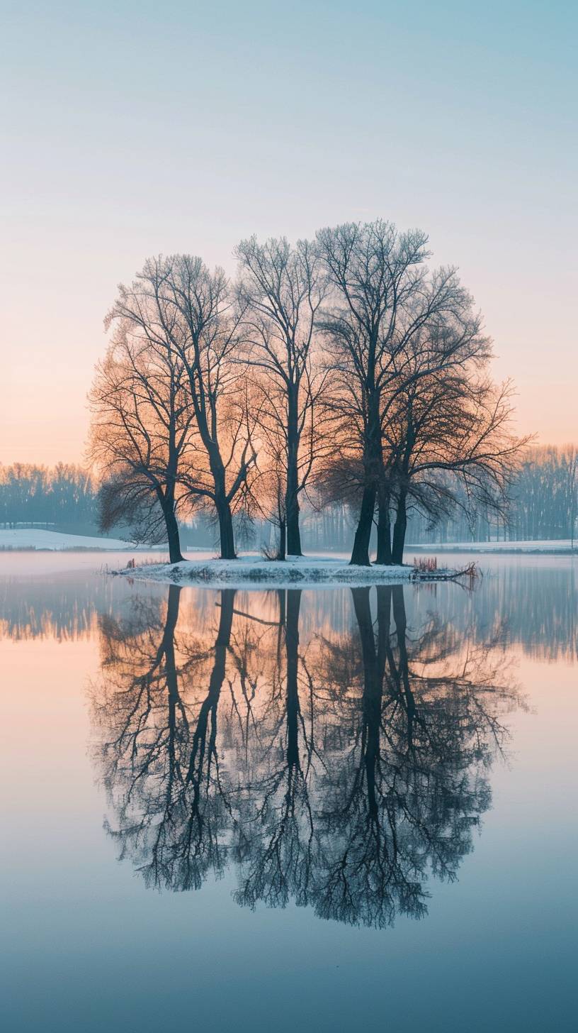 Quiet morning sunrise, reflection on water, trees, clear sky, neutral emotional colors, lake