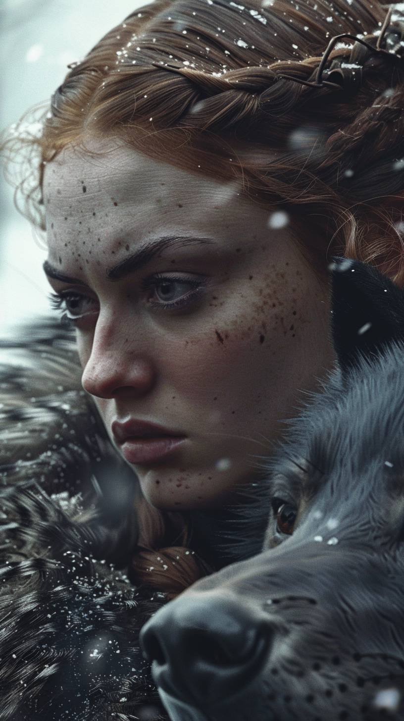 Create a highly realistic and high-quality image of Queen Nymeria's return in the Game of Thrones prelude. The image should depict a dramatic or emotional scene that captures the essence of the plot. The setting should be detailed and atmospheric, reflecting the genre and style of the film or series. If possible, include iconic or symbolic elements that are significant to the story. Lighting and composition should be used to enhance the emotional impact of the scene. This image is perfect for use on movie review blogs, streaming sites, or DVD covers.