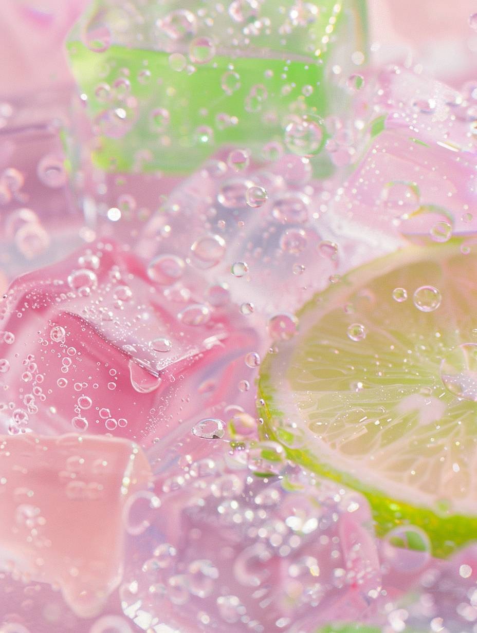 A closeup of gummy bear ice cubes in pink and green colors, lime slice, glistening with water droplets and creating an artistic pattern. The background has soft pastel hues, providing a serene ambiance for the candy-themed wallpaper. High resolution, high quality.