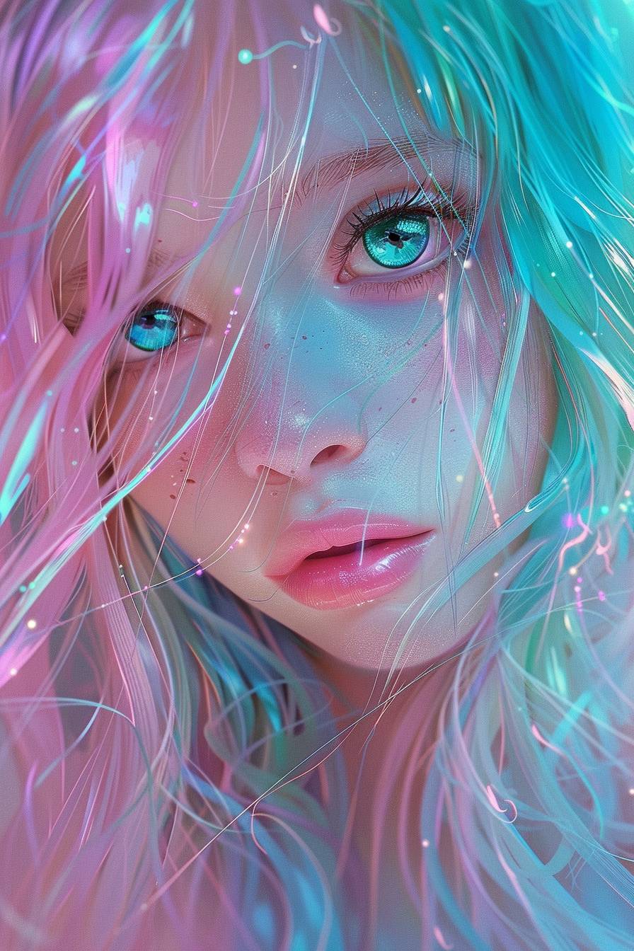 Anime girl with long pastel hair, light pink and aquamarine illustrations, in the style of Martina Medin, ethereal details, glassy skin, closeup intensity in the style of Kuvshino, in the style of Natalia Rak