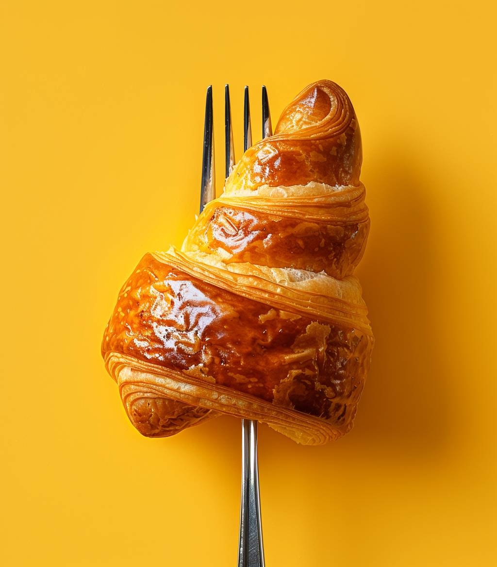 A photograph of a fork stuck in a croissant, with the croissant overhanging in mid-air. The background is yellow, and the photo was taken in a studio with studio lighting using a Canon EOS R5 camera. Additional parameters: --chaos 5 --ar 7:8 --style raw --stylize 200 --v 6.0