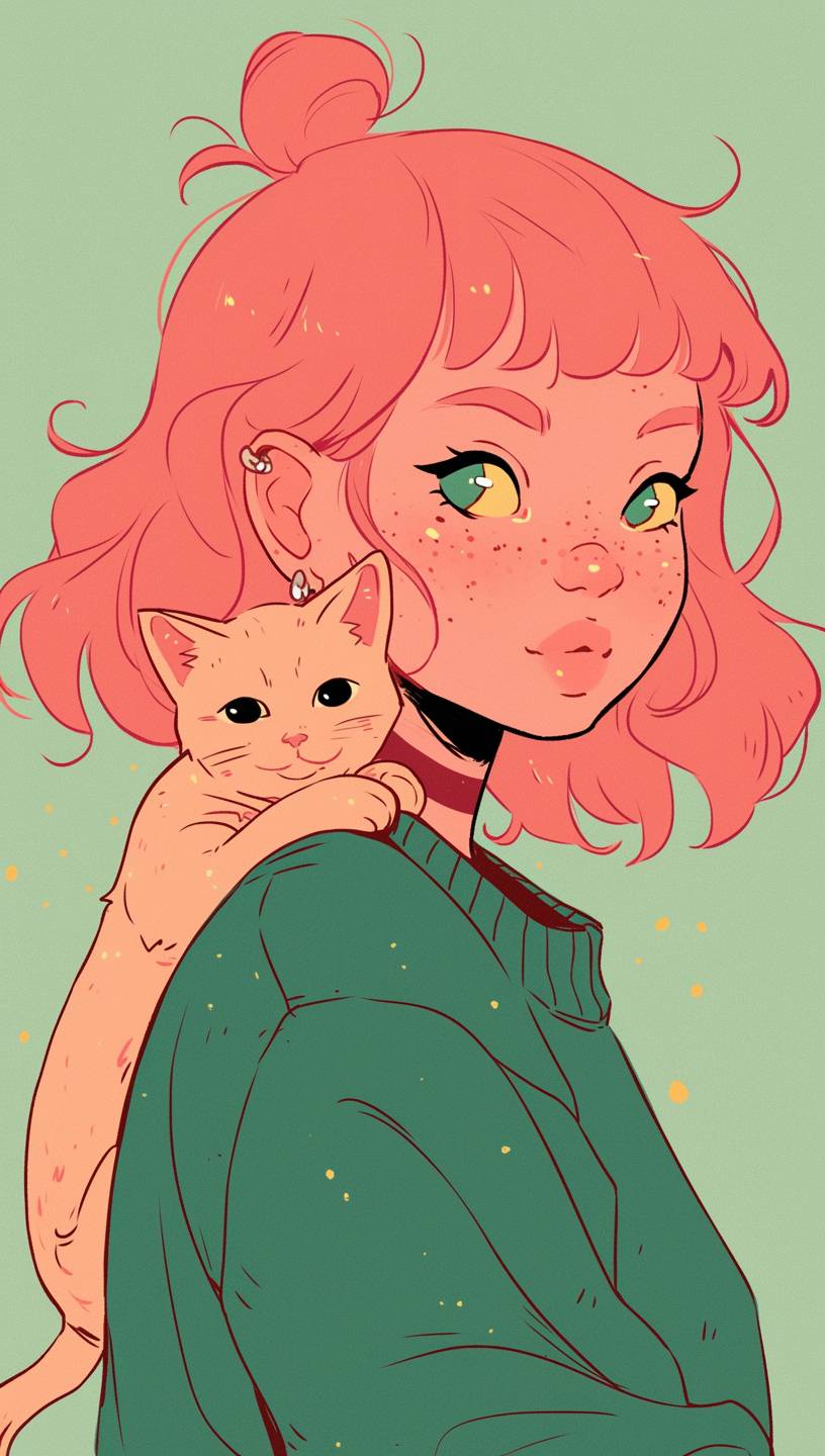 An illustration of a quirky girl with pink hair, in the style of Flat shading, inspired by Gemma Correll, with freckles and a cat on her shoulder, photo-manipulated, belonging to the cyberpunk genre, in a pastel green color.