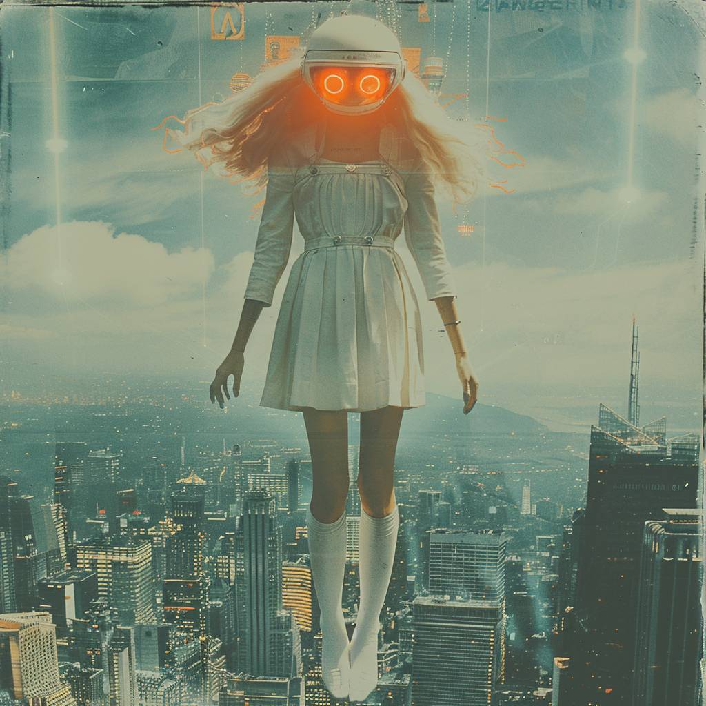 Dark terror, technological polaroid, eye level shot, front view, levitating white cyborg witch, orange glowing eyes, giant floating white hairs, beautiful legs and chest, levitating over a post futuristic Tokyo skyline, night, hologram propagandas