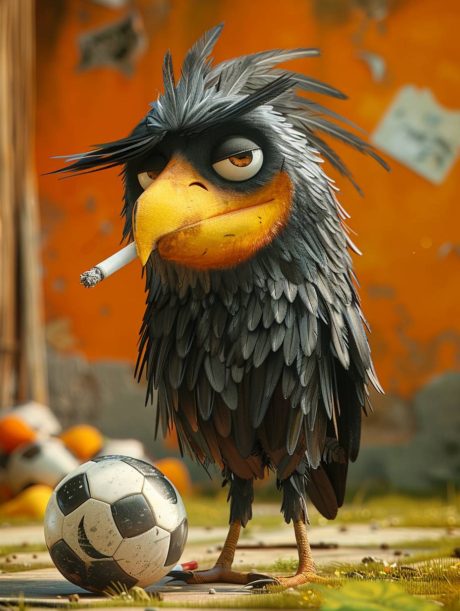 Cartoon image of soccer star Crow with a cigarette in his mouth, HD details, orange background. Pixar style. 3d cartoon.