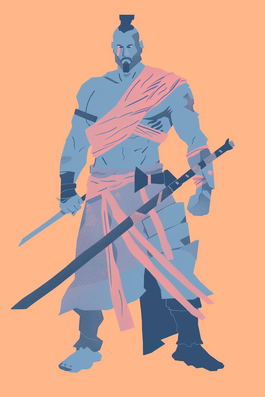 In the style of Nicolas de Stael, warrior character, full body, flat color illustration