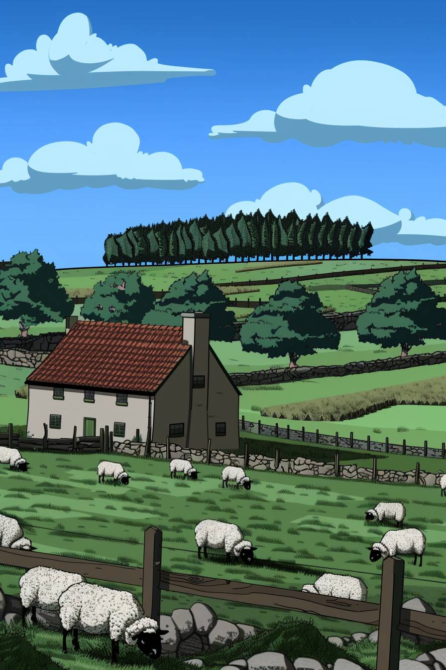 An idyllic countryside scene with rolling hills, grazing sheep, a charming farmhouse, and a clear blue sky, tranquil and picturesque