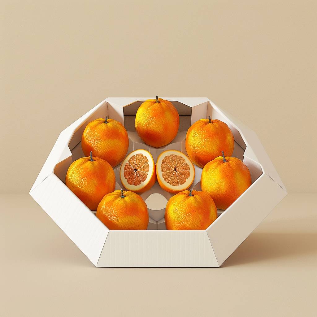 Octagonal white cardboard grid box for oranges. Octagonal slots, corrugated cardboard walls. Mockup on table --v 6.0