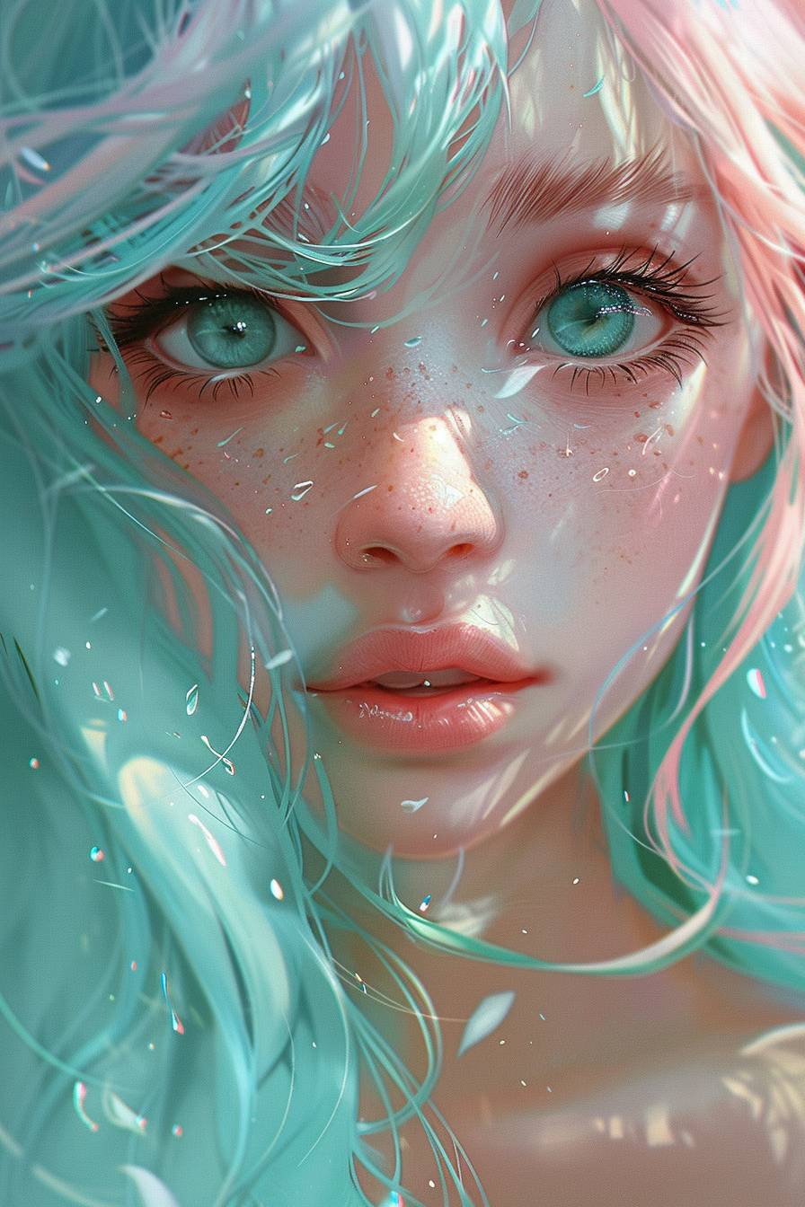 Anime girl with long pastel hair, light pink and aquamarine illustrations, in the style of Martina Medin, ethereal details, glassy skin, closeup intensity in the style of Kuvshino, in the style of Natalia Rak