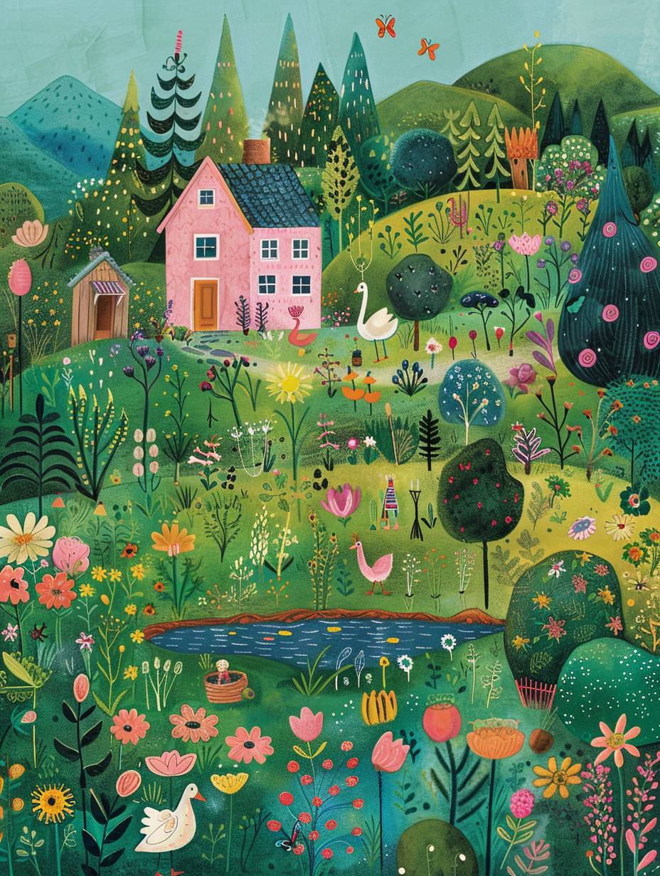 A whimsical garden with various raised beds, fields and lawn areas where children's illustrations of colorful flowers bloom. The illustration includes an array of gardening tools scattered around the area, while in one corner there is even a small pond surrounded by butterflies and birds. In another part of the scene lies a pink house nestled among trees, in the style of while on its roof two swans swim gracefully across the water surface. A group of kids play at a picnic.