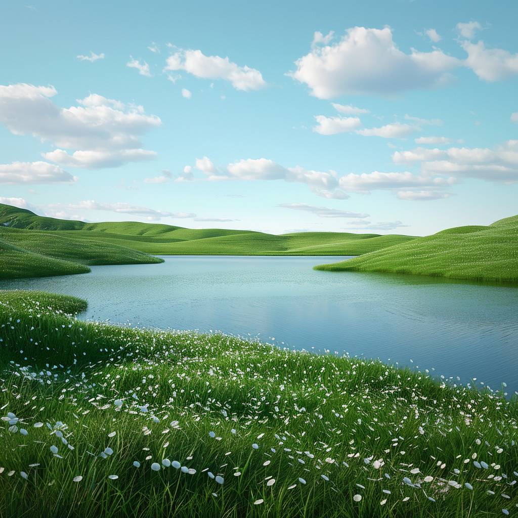 3D rendering of a green grassland with a lake in the distance, grassy hills, lake water, white flowers on the shore, sky blue background, C4d modeling, OC renderer renderings, soft lighting, solid color clean background, minimalist style, low angle perspective, high resolution, high detail, in the style of OC renderer renderings.