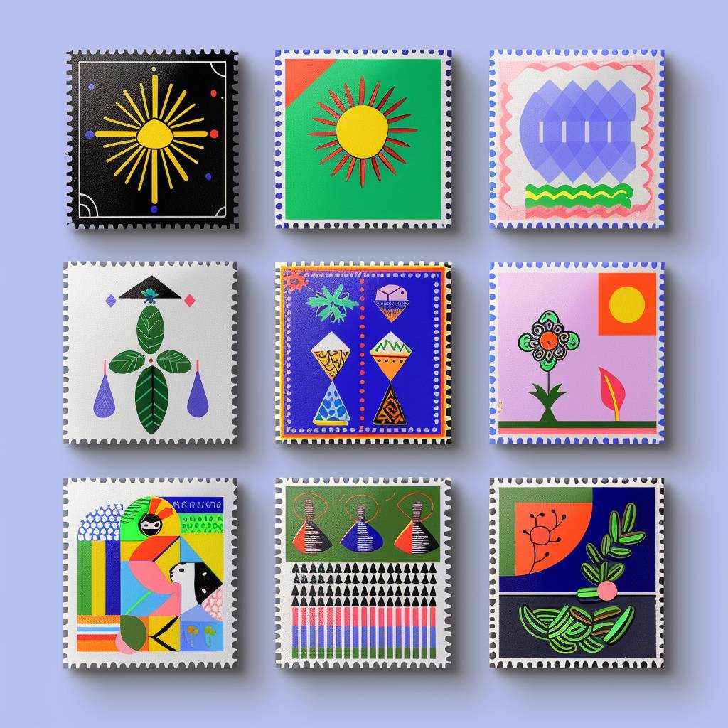 A grid of colorful postage stamps with bold shapes and patterns, including flowers, suns, rainbows, geometric forms, and abstract designs, are arranged in an orderly fashion on a blue background. The design is in the style of a flat vector illustration with clean lines and vibrant colors. It has a modern graphic art feel, suitable for use as artwork or packaging decoration.