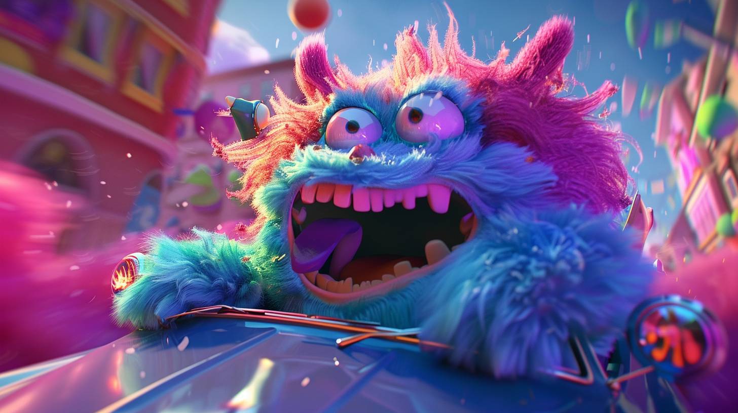 3D cartoon animation of a cute and fluffy monster riding on an open cabriolet, vivid colors