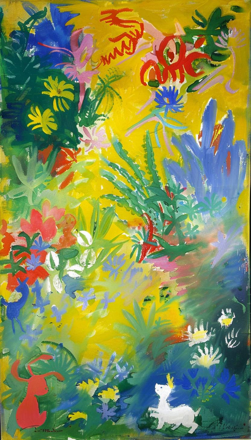In style of Henri Matisse, magical creatures frolicking in a sunlit meadow