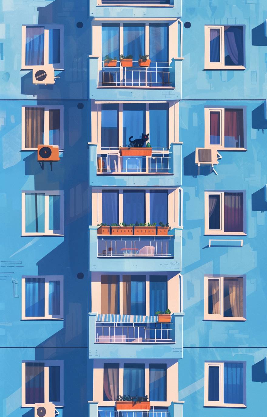 A flat deep blue building with many windows and balconies, each window has different colors and designs. There is a black cat on the balcony, in the style of Wes Anderson. Retro poster style with pastel tones, symmetrical composition, sun rays and shadows. Detailed architecture in an architectural photography cityscape with a minimalist, vintage style using pastels and soft lighting. High resolution with sharp focus on intricate details, creating a vibrant, lively and happy atmosphere.