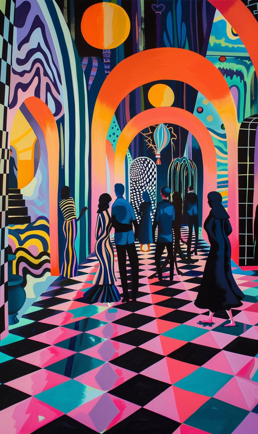 In style of Camille Walala, Ethereal ballroom with phantom dancers