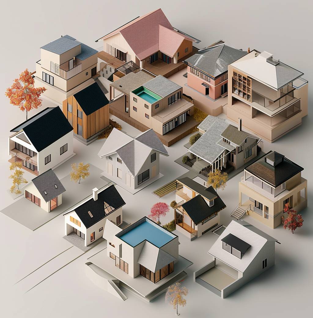A series of architectural models, each representing different types or styles of houses and buildings, arranged on top of one another to form an overhead view that shows the arrangement in three dimensions. The models include simple square block structures with gable roofs, complex fractal designs, shapes resembling modernist architecture, minimalist lines, and colorful tones, all set against a neutral background. This visual representation highlights how these forms can be combined into unique compositions.