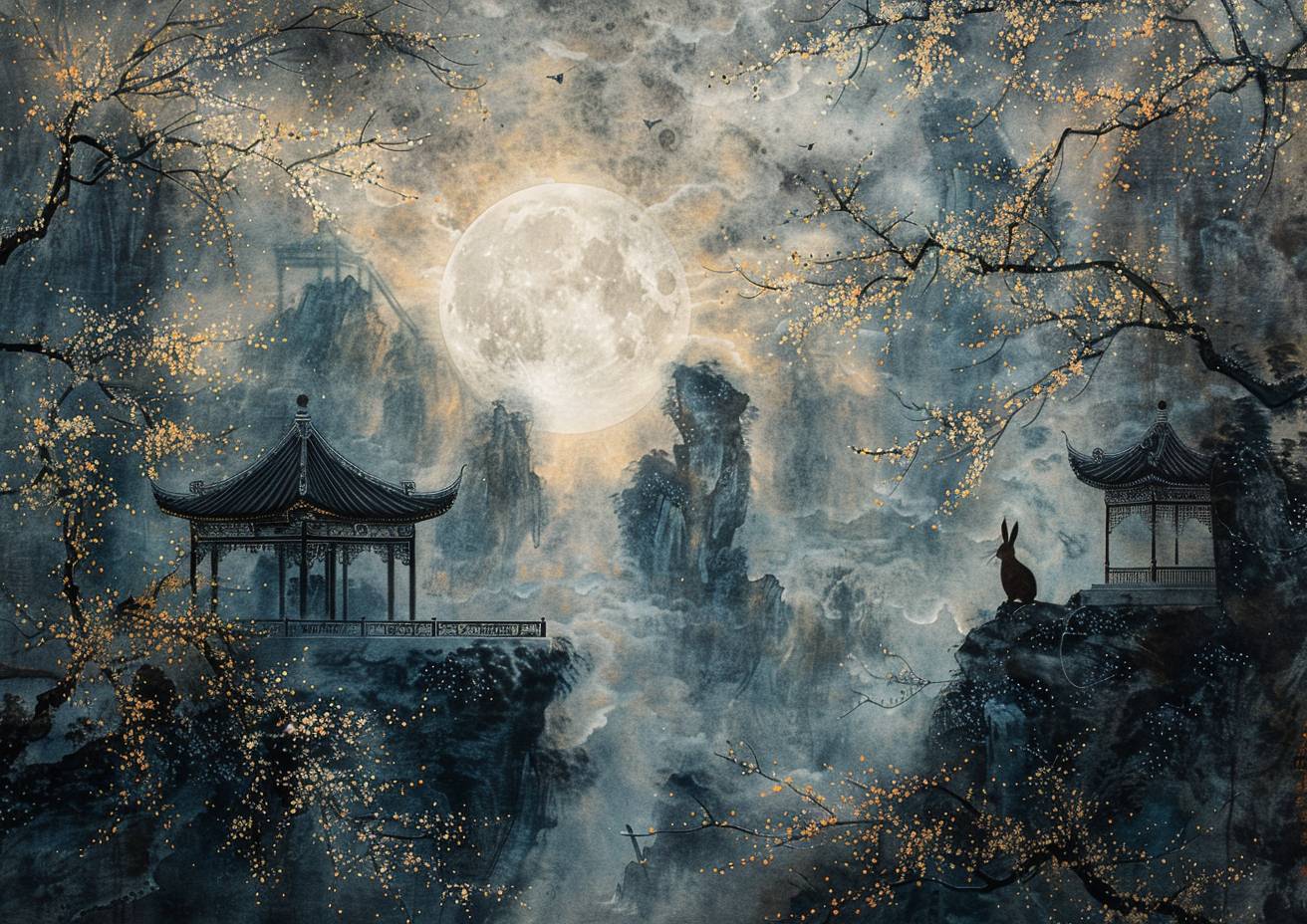 Traditional Chinese painting of Tu Shen, the rabbit god, in the lavish Rabbit Temple with a moon in the background. It features delicate strokes and a strong visual flow.