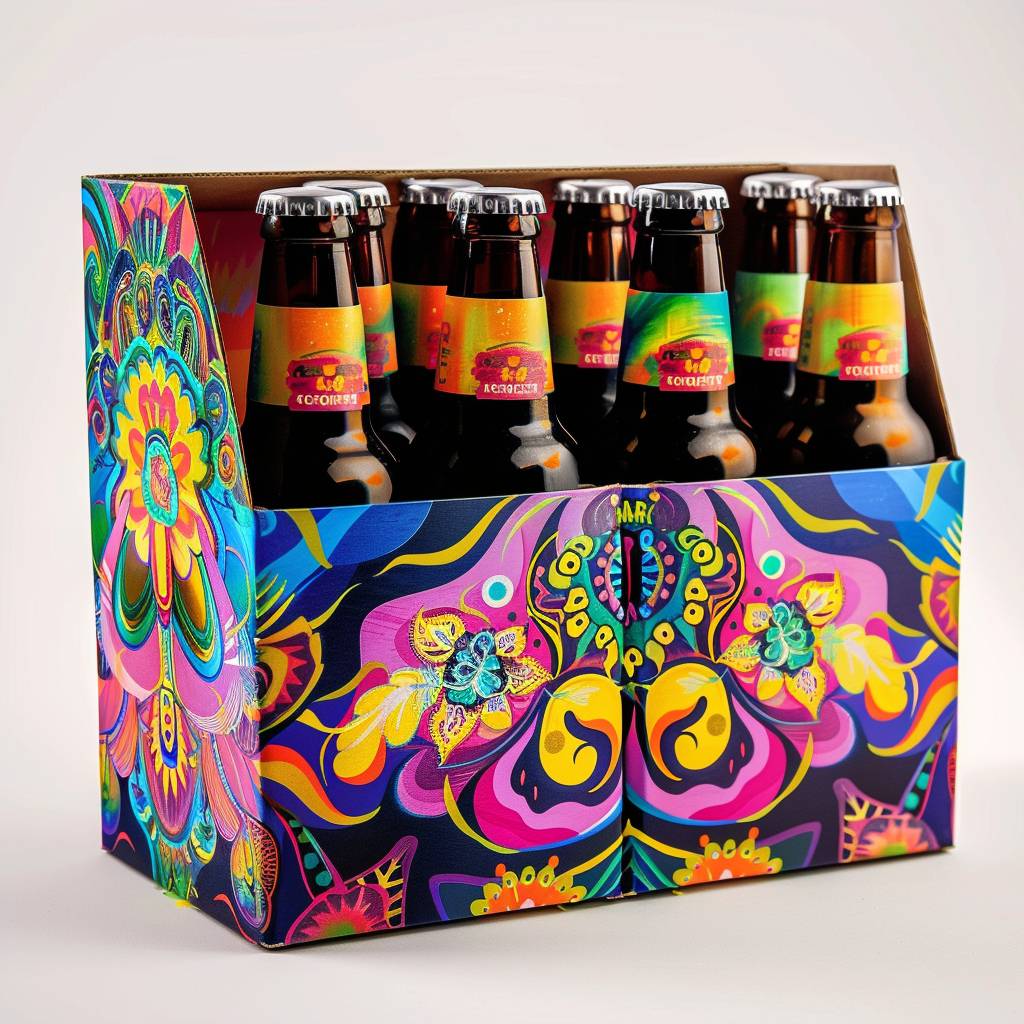 Bright IPA 6-pack box packaging design with psychedelic motifs