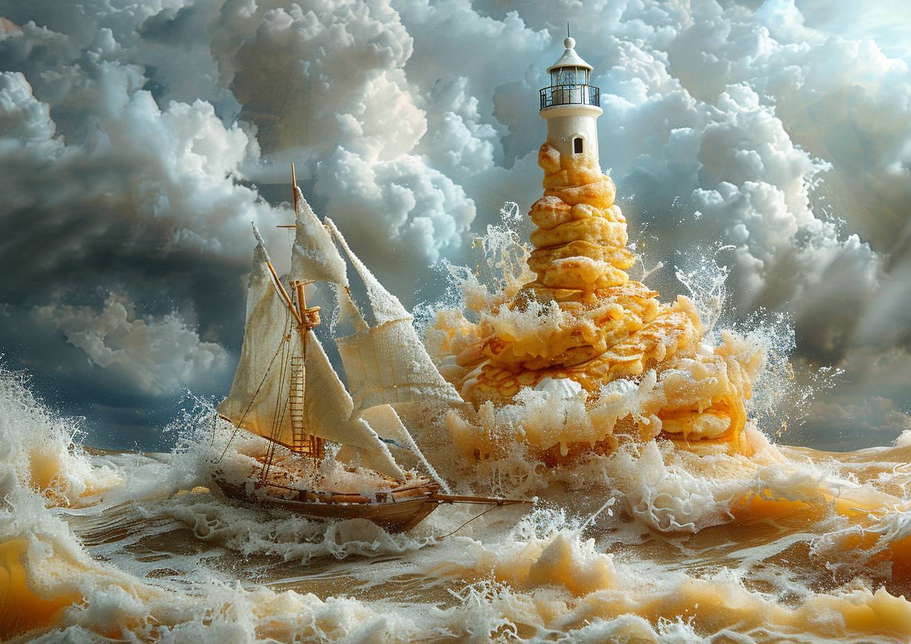 In the style of surreal food photography, a lighthouse formed from pancakes, an eponymous sailing boat on an ocean of syrup, sugar powder, with a strong visual flow.