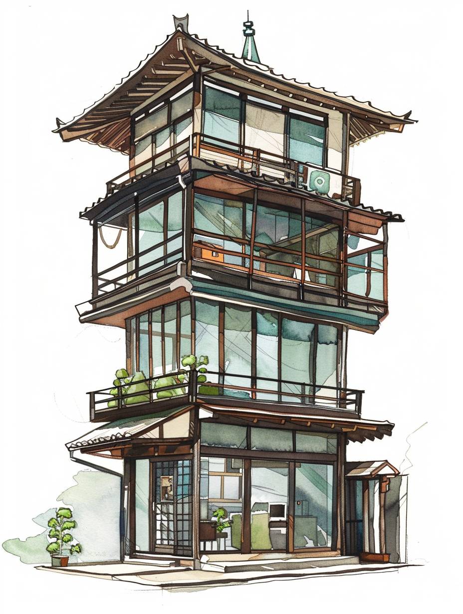 4 floor small Japanese office animation studio, side view, concept art, illustration, water color