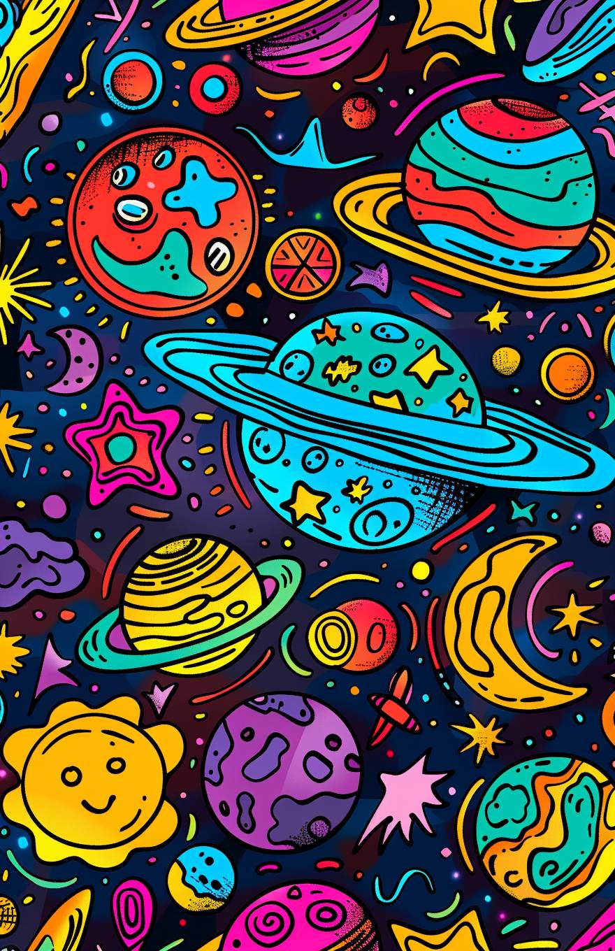 Colorful Hand drawn SPACE doodles, whimsical collage in the style of 90s cartoons & iconic pop-art, seamless pattern