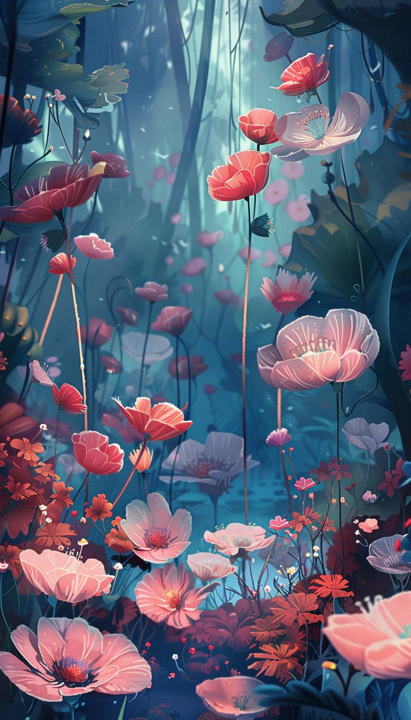 In the style of Goro Fujita, a mystical garden blooming with enchanted flowers