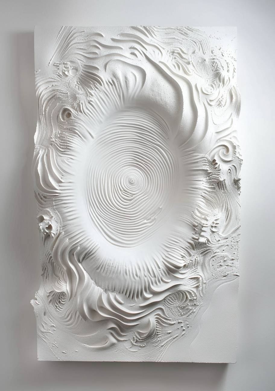 This is a large white wall sculpture made of plaster with an oval shape, filled in the center and shaped like one human fingerprint, surrounded by a series of small spiral shapes that resemble fingers. The entire piece is presented on a clean background, creating a minimalist yet striking visual effect. This artwork has been designed to convey depth through its three-dimensional form, while also adding intricate details for decorative purposes. The sculpture is in the style of minimalism.