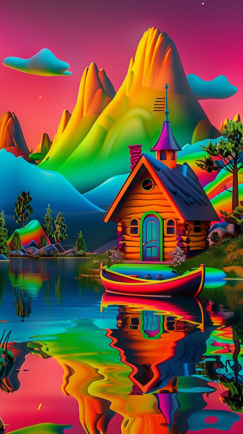 夕日に輝く湖畔の小屋、静かな水面に映る山々、岸に停泊する小さなボート、暖かく平和な雰囲気