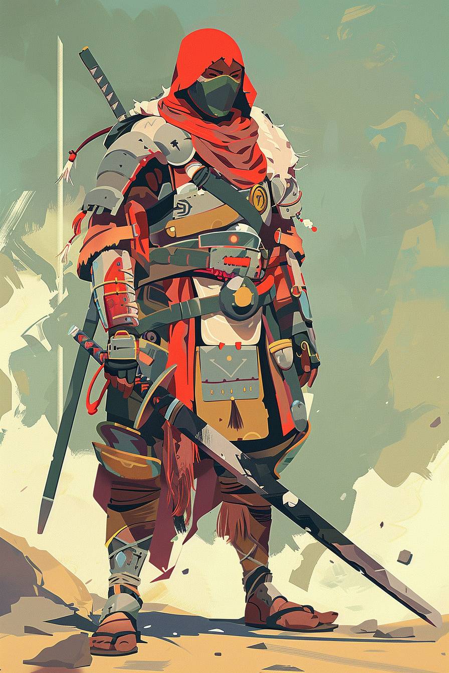 Atey Ghailan風のスタイルで、戦士のキャラクター、フルボディ、フラットカラーイラストレーション