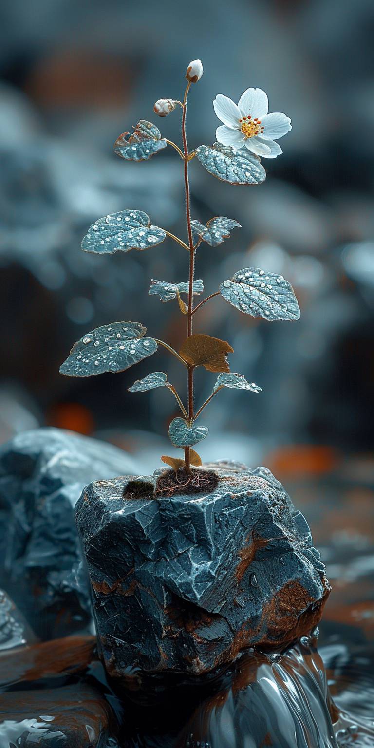 A small plant grows on the edge of an old stone, surrounded by flowing water. The macro photography captures the romantic style with soft tones, a blurred background, and blurred foreground creating a depth of field effect. The high definition photography shows exquisite details with high resolution. The camera focuses on one leaf to highlight its texture and shape. A few flowers bloom in front of it, adding beauty and vitality in the style of romantic photography.
