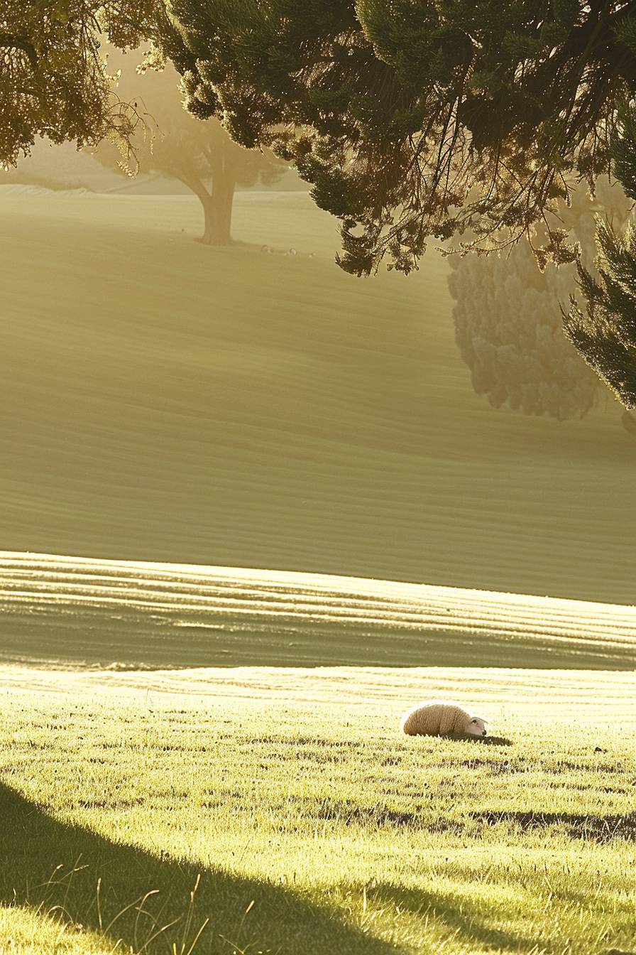 A sheep in the distance on grass, areal view, photorealistic landscapes, minimalist backgrounds, striped arrangements, precise lines, linear perspective, shadows and dappled light