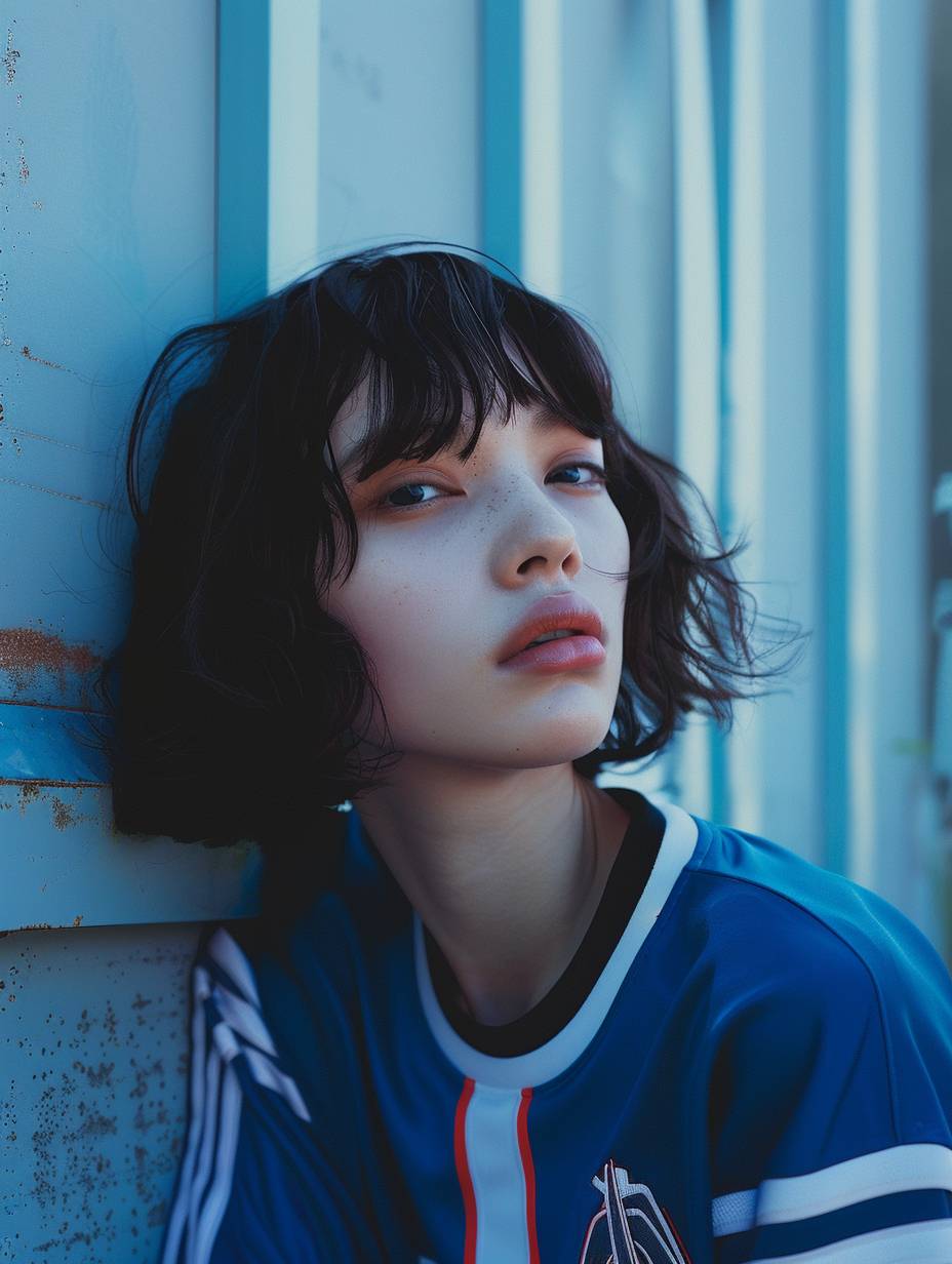 Female soccer jersey Astral of young Beautiful japan priest Blue short hair girl with striking Eyes and pouty lips, white skin.interplay of light and shadow.Dramatic composition. Solarium, shotting by fuji xt-5, sharp photography, intricate details