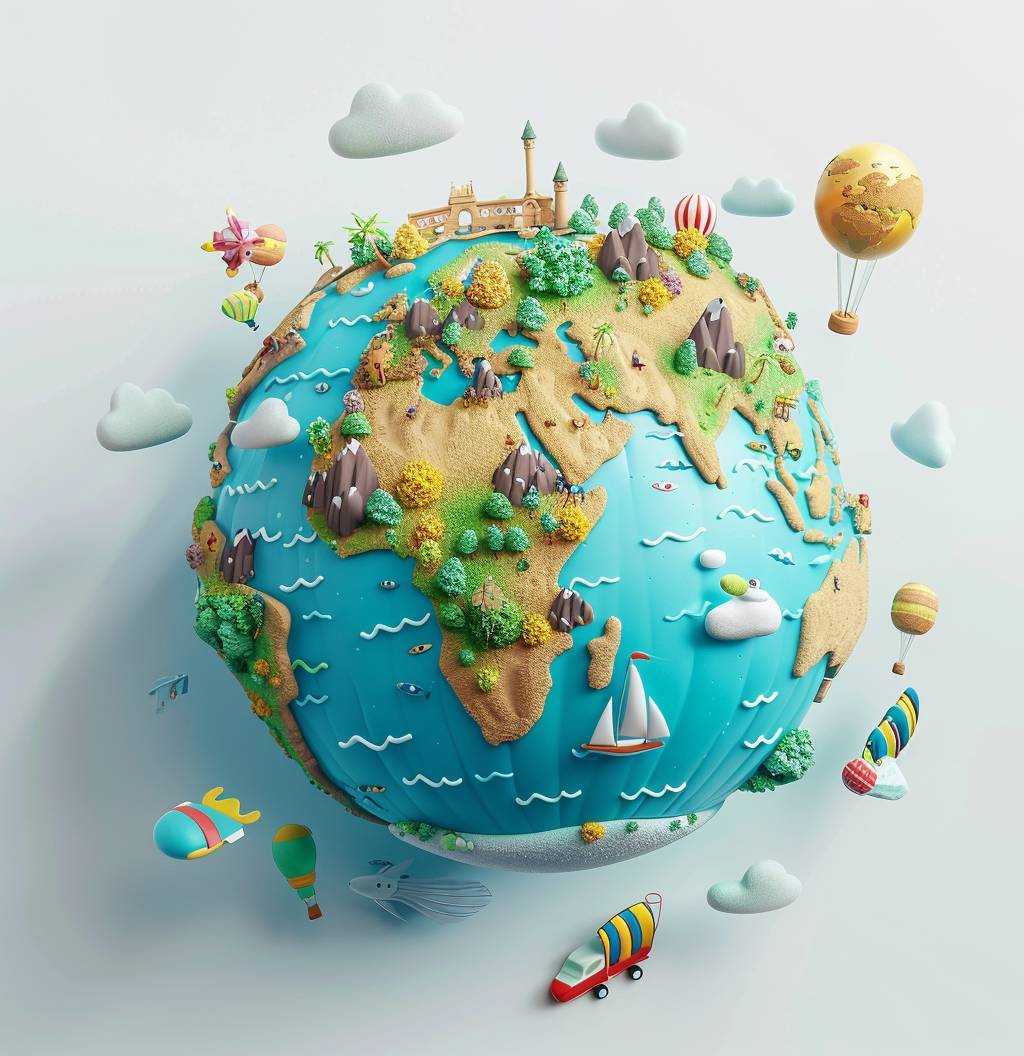 さまざまな風景と旅行アイコンが描かれた白い背景の3Dカートゥーン地球、Pixarのスタイル。