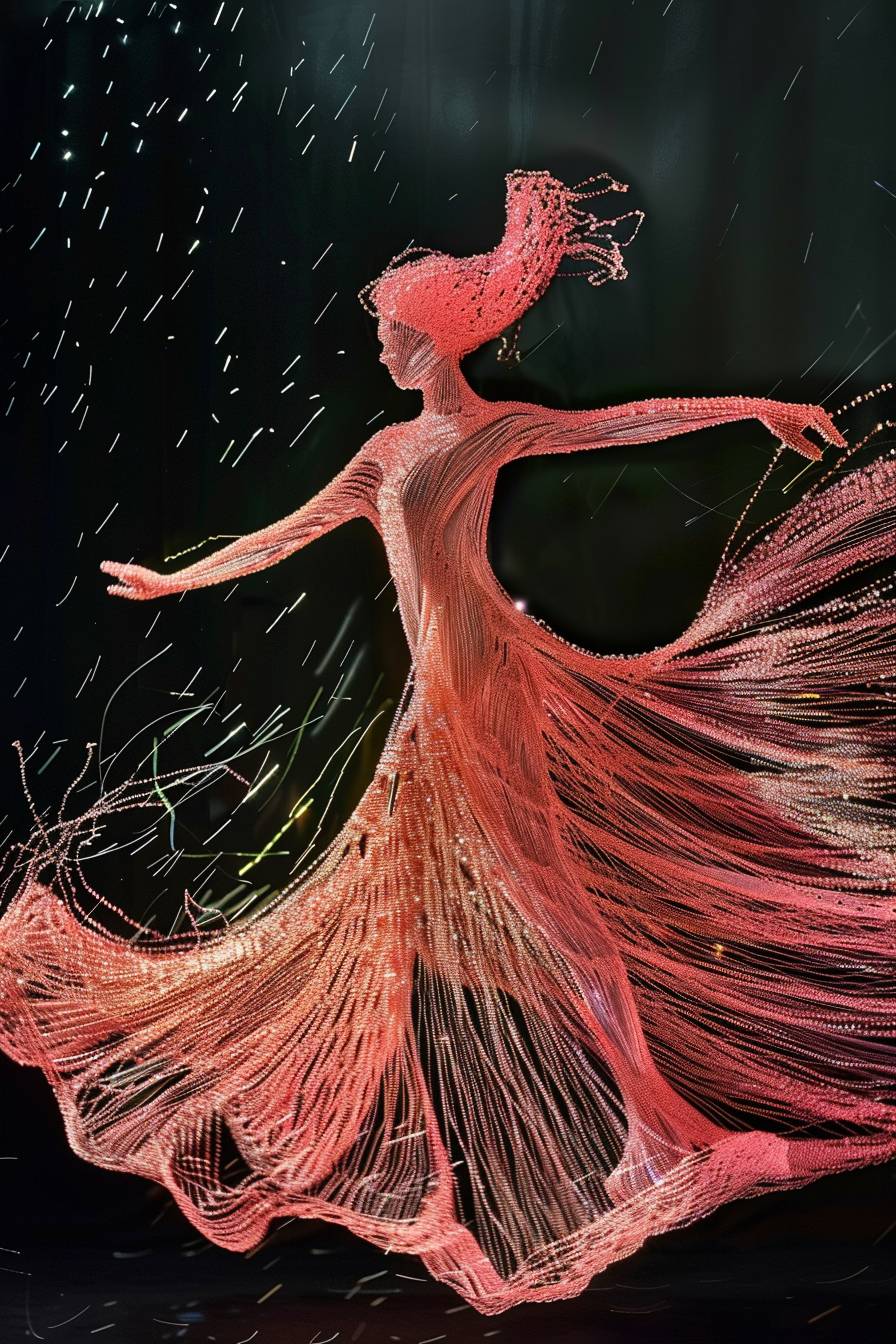 美しい女性、小さな糸アートシュルレアリスムで作られたピンクのドレスがほどかれる