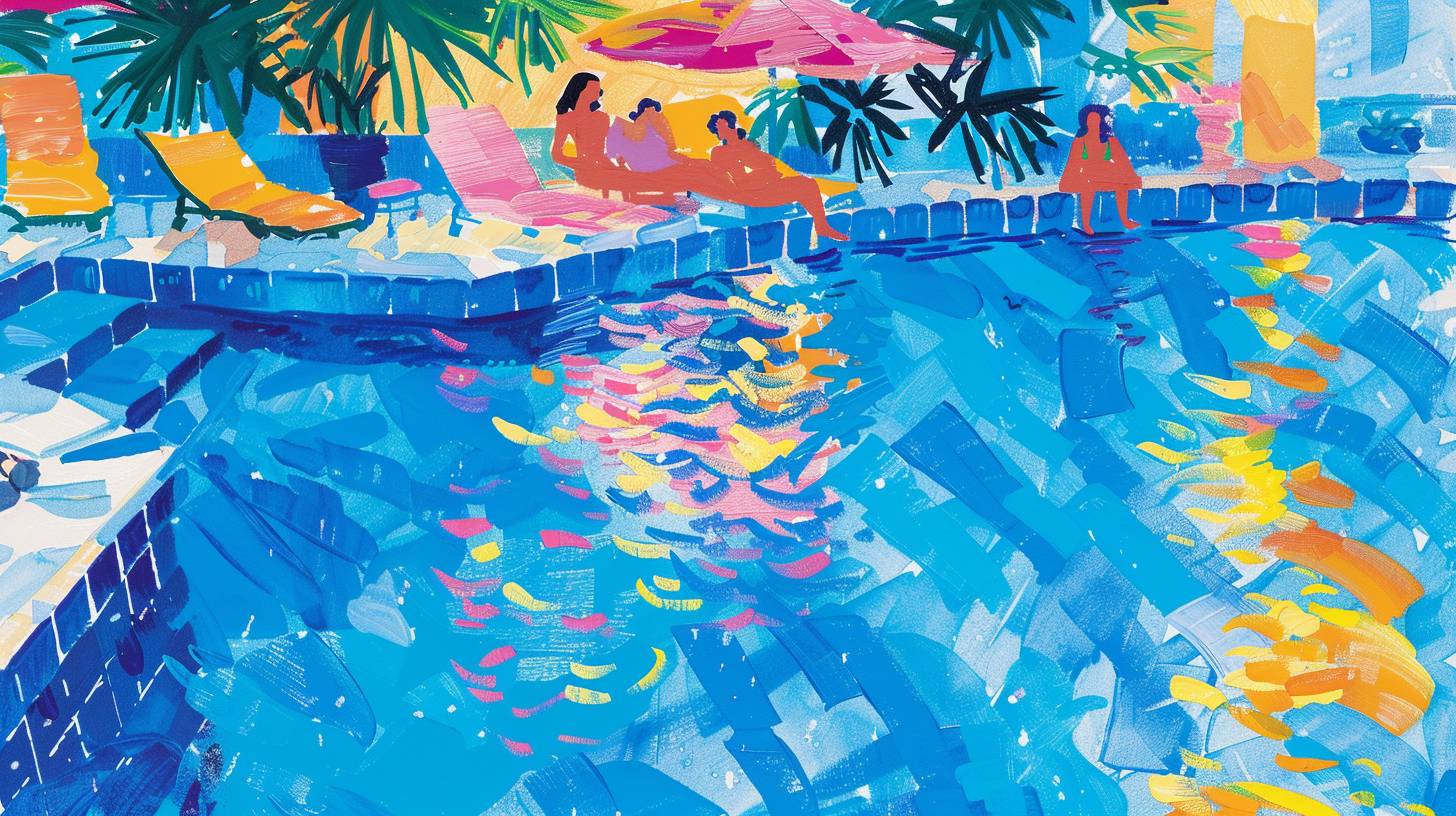 大衛・ホックニーに触発された明るく鮮やかなプールサイドのリラックスした人々のシーン。水は鮮やかな青で描かれ、反射と波紋があり、カラフルなプールサイドの家具と幸せな日光浴をする人々に囲まれています。